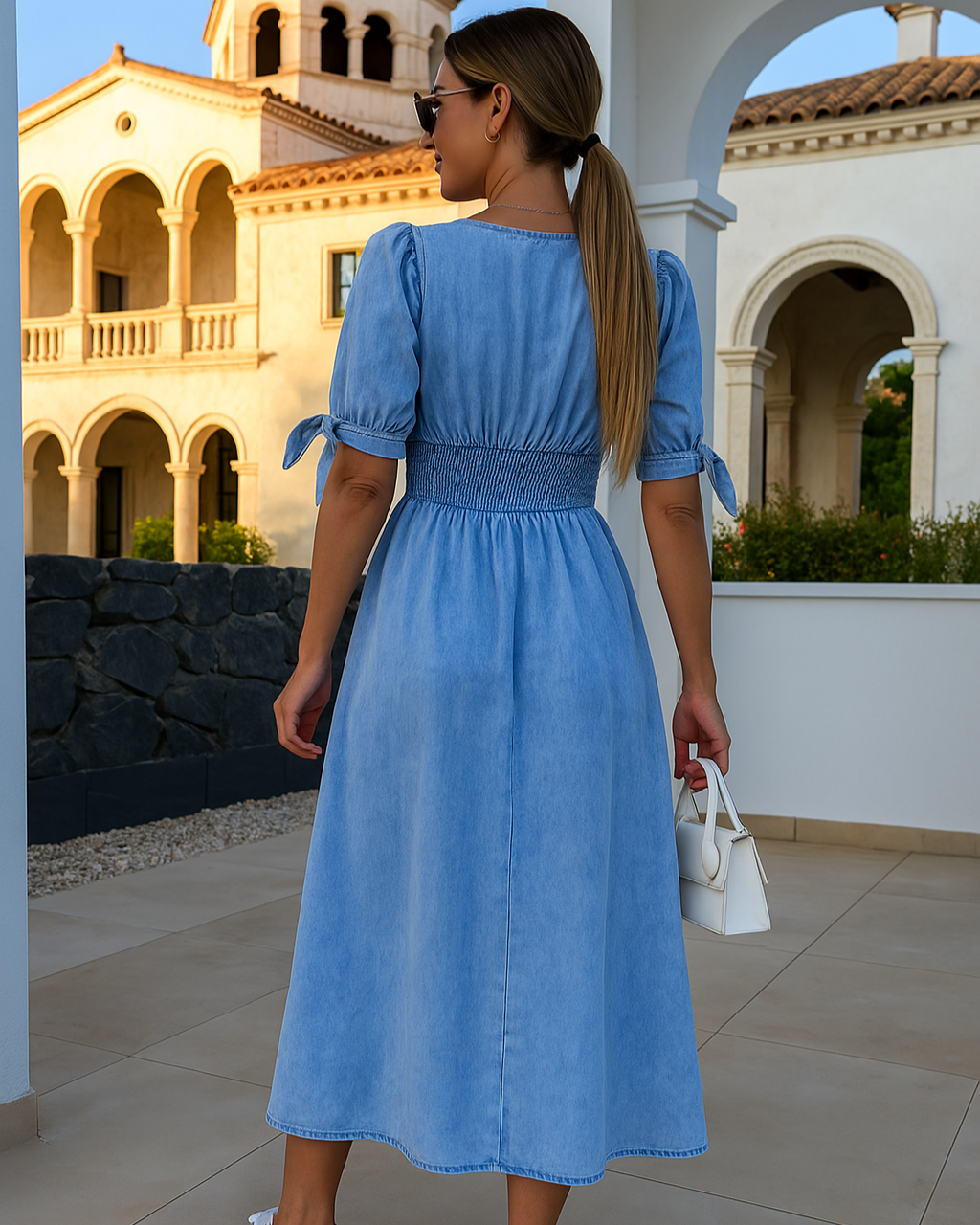 Valeria - Elegante Vestido con Cuello en V y Lazos en las Mangas